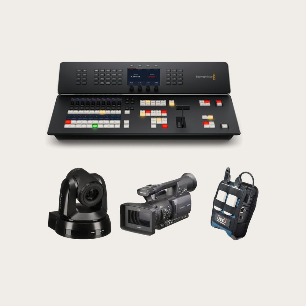 Live streaming production equipment — Blackmagic switcher, PTZ camera, Panasonic camcorder, LiveU encoder New Jersey