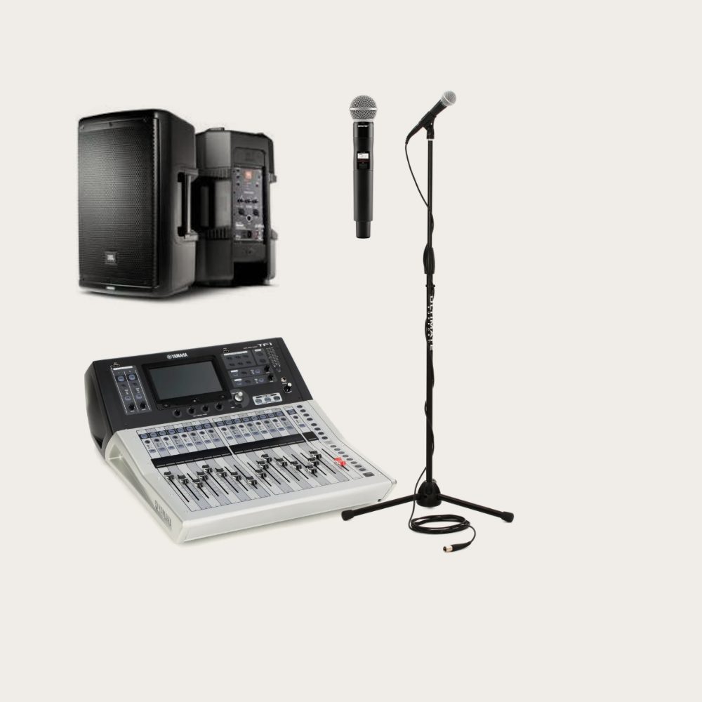 Professional sound system — JBL speakers, Yamaha digital mixer, Shure wireless microphone